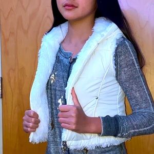 Girls White Reversible Vest - snow and furry side